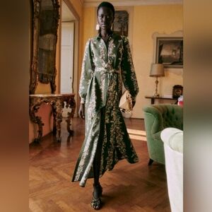 Sezane Green Floral Long Sleeve Dress